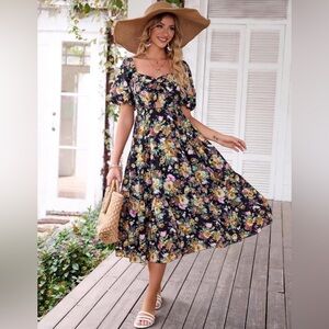 Floral Puff Sleeve Sweatheart Neck Dress
